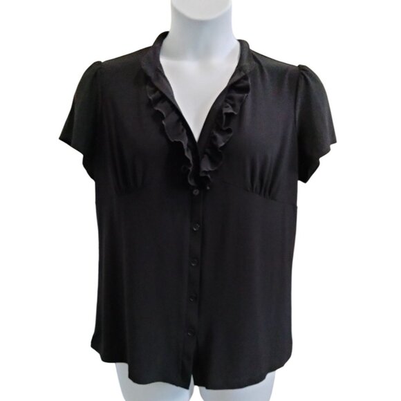 Perceptions Plus Size 2X Blouse Ruffle Button Down Short Sleeve Black Women - Picture 2 of 9